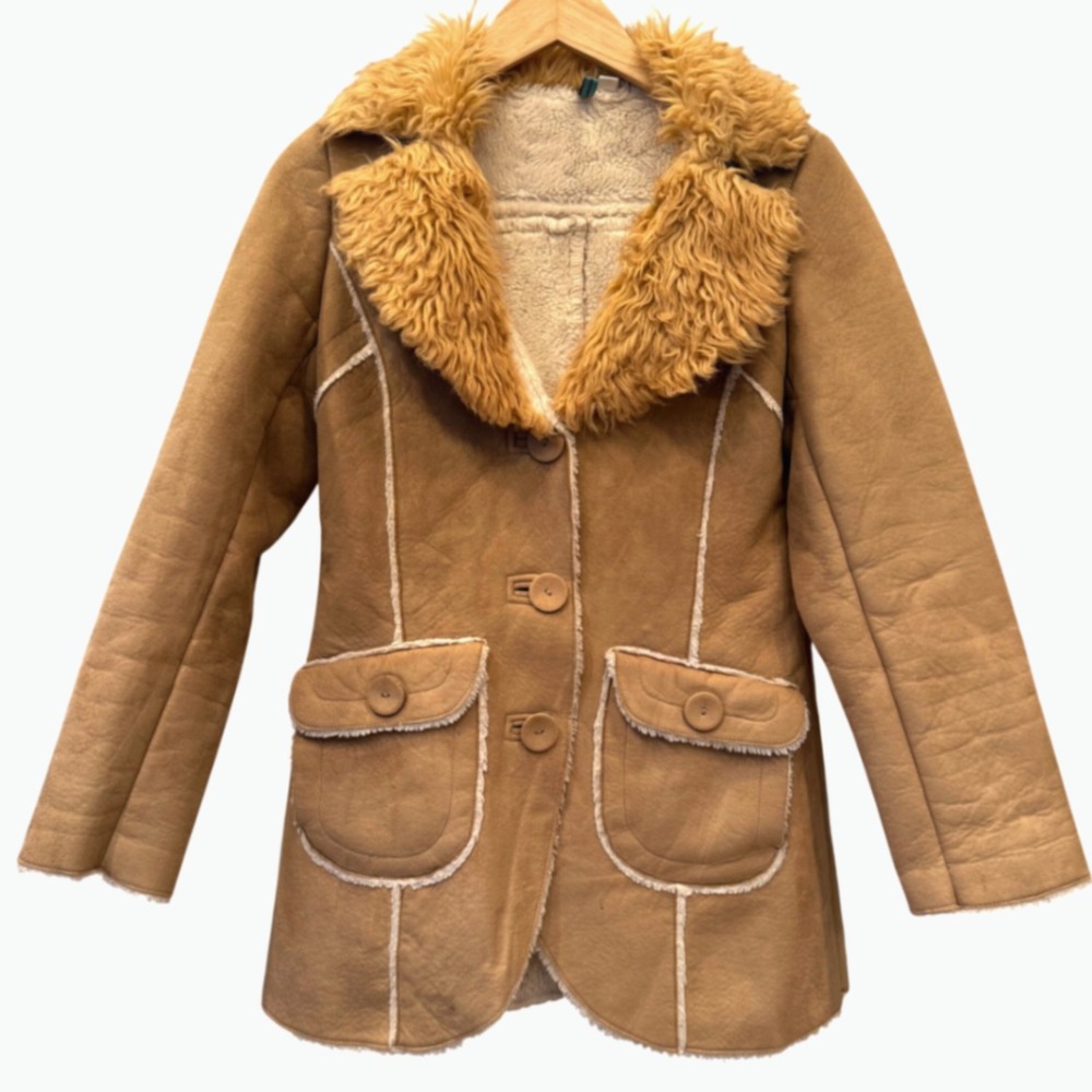 POW WOW Womens Tan Faux‎ Suede Sherpa Lined Fuzzy Collar Coat Jacket Size S
